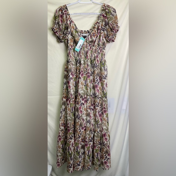 Few Moda Dresses & Skirts - Juliet Dress - Smocked Waist Floral Midi Dress in Cream